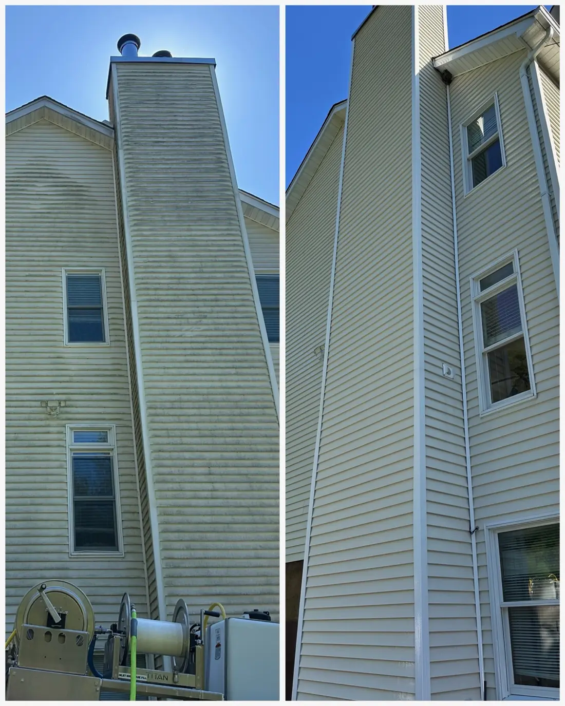 Before and after comparison of algae removal from vinyl siding and chimney