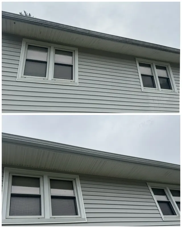 Before and after comparison of upper-story siding and soffit cleaning